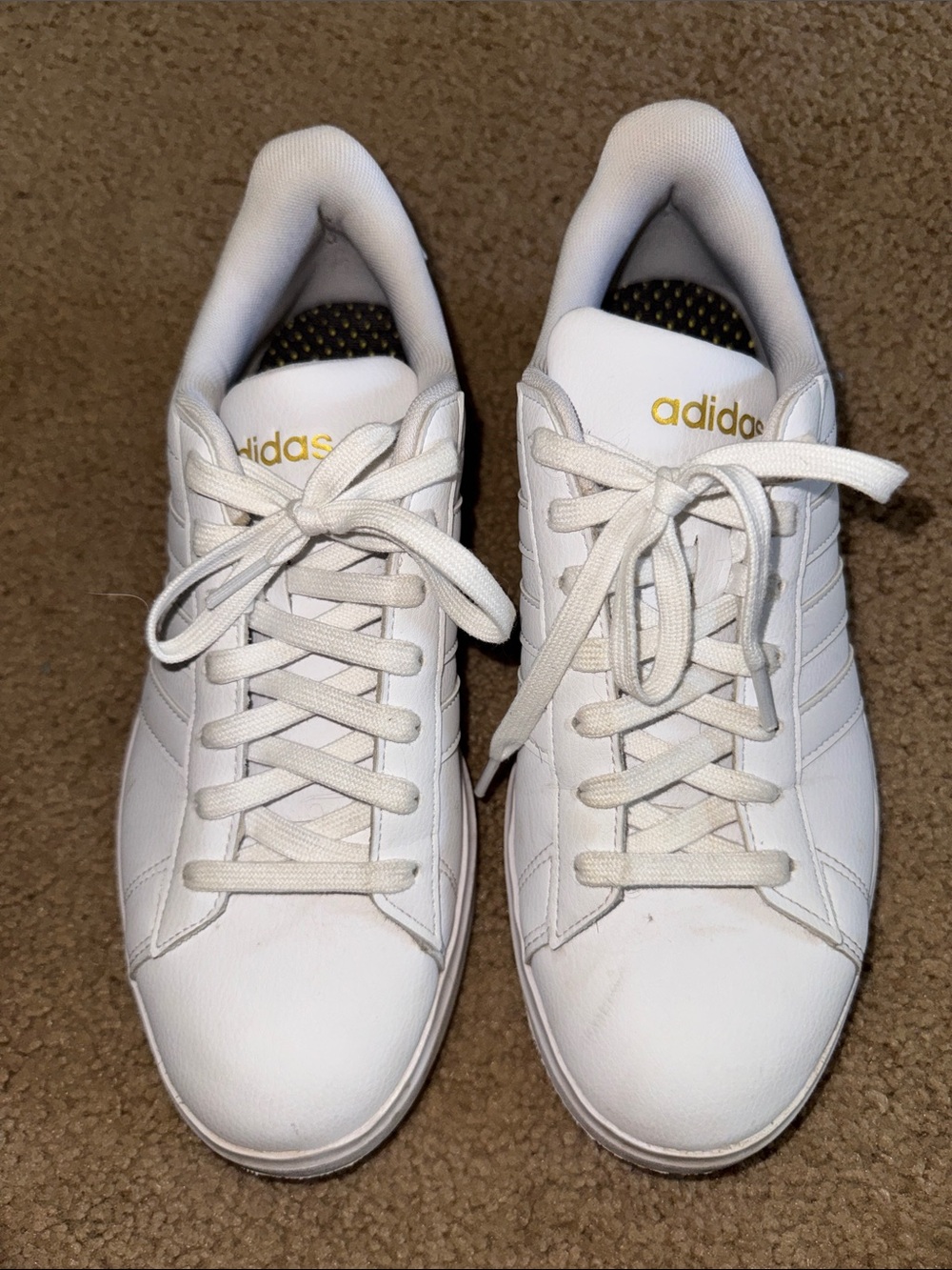 adidas White Low-Top Lace Sneakers with Subtle Gold Logo